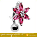 Barra de acero quirúrgico claro fucsia Zircon cúbico flor descendente en anillo del vientre